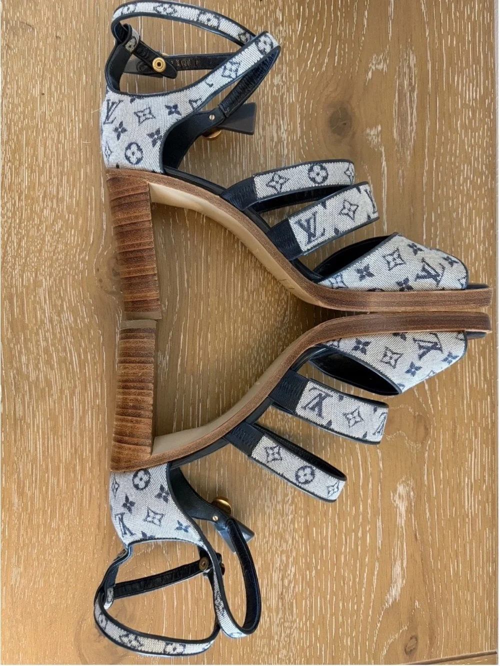 Louis Vuitton Monogram Denim Strappy Platform Sandals in Blue and Brown